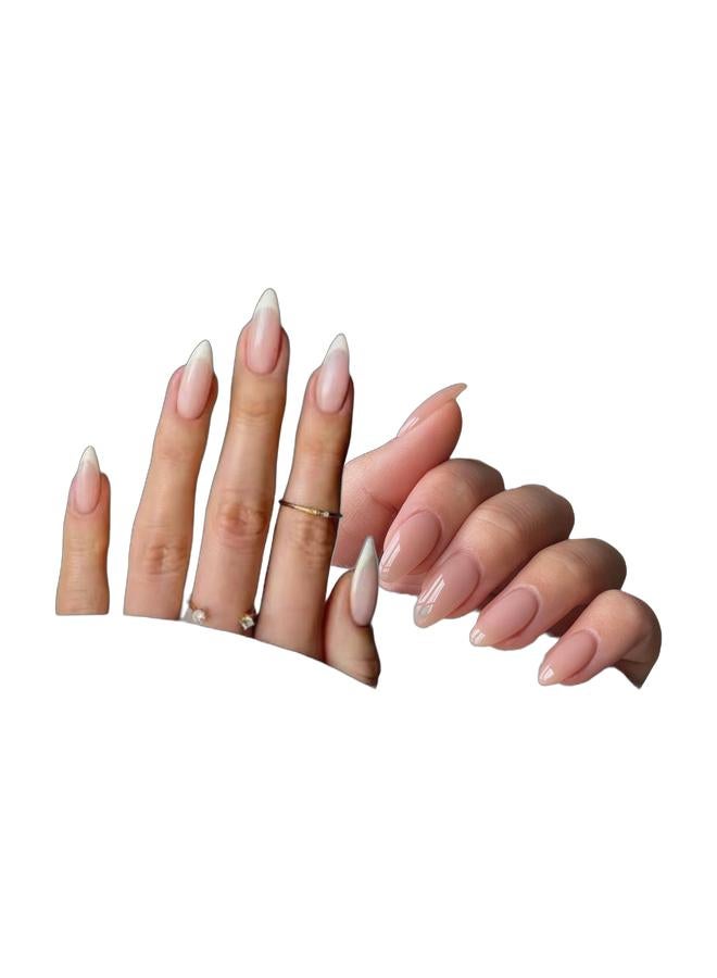 Orange Life Press On Nails 2 Box Set Almond French Tip Nude Pink Glossy Artificial Nails Full Cover Reusable Stick On Nails Acrylic Soft Gel Nail Kit Elegant Minimalist Nails for Women Daily Wear Office Wedding Party Salon Style - Image 1